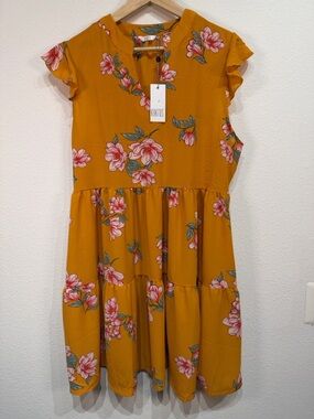 Kaktus New XL women meadow dark golden yellow Floral Tiered Dress with pockets